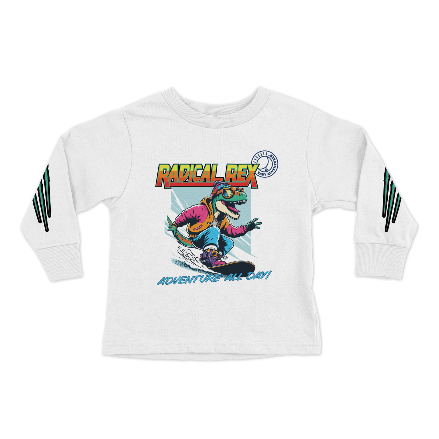 Dino Snowboarder Radical Rex - Baby Adventurer™ - Dinosaur Snowboarding Toddler Long Sleeve Tee